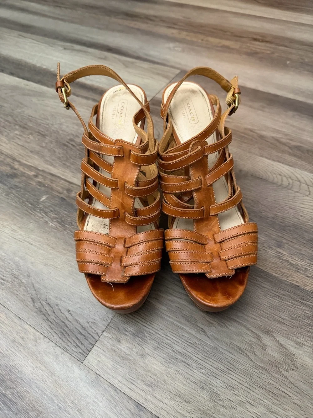 Coach Cognac Leather Strappy Wedge Sandals